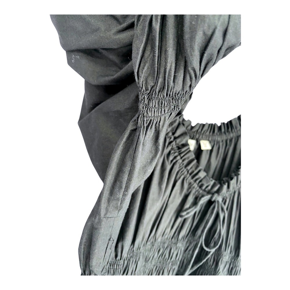Doen Ischia Dress Black Organic Cotton Viscose Smocked Puff Sleeve Midi XL - Picture 13 of 16